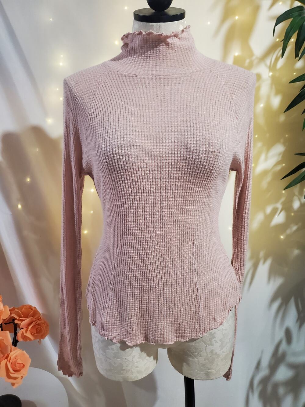 Intimately Free People Make it Easy Ruffle Mock Neck Thermal Waffle Knit Top Sm